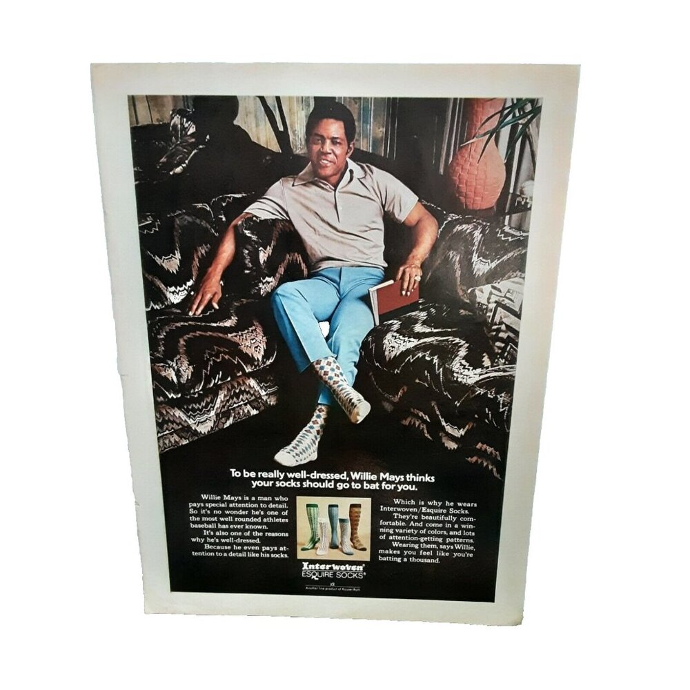 1973 Willie Mays Interwoven Esquire Socks Original Print Ad 70s